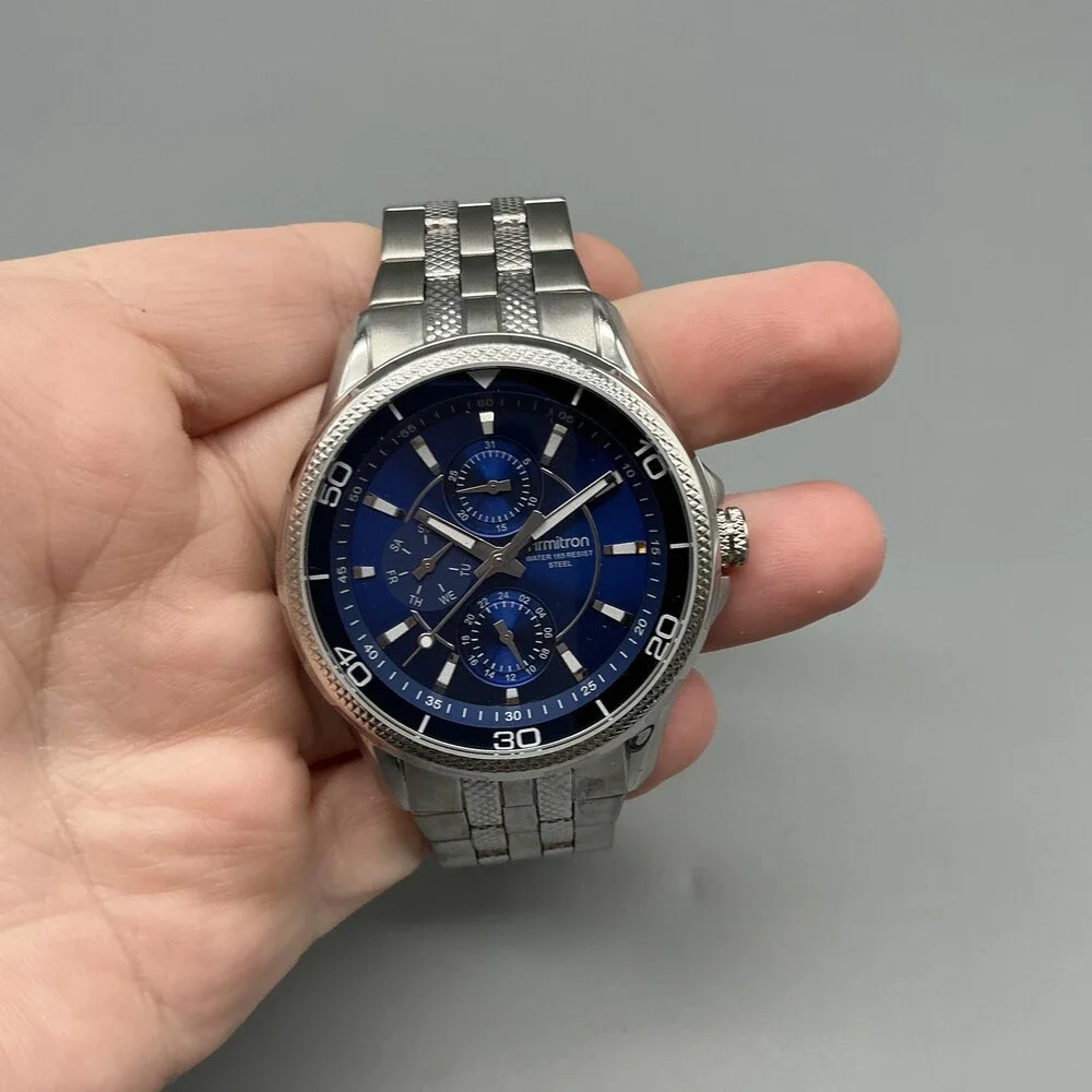 Armitron 20/4471ST Mens Watch 42mm Blue Silver Tone Bracelet New Battery 7.5